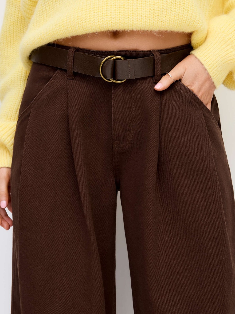 Cider Denim Low Rise Pleated Wide Leg Jeans with Belt Brown L - Picture 4 of 11